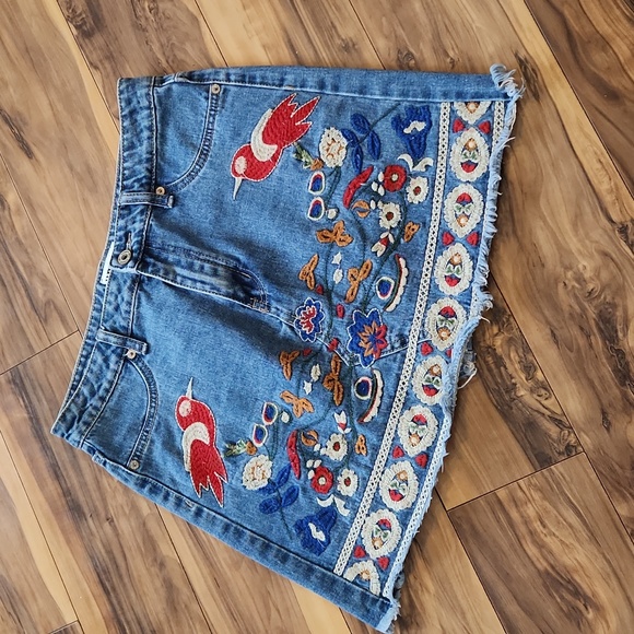 Umgee Dresses & Skirts - Umgee M Jeans Skirt Floral Embroirdered Floral Mini Fringe Vintage Festival